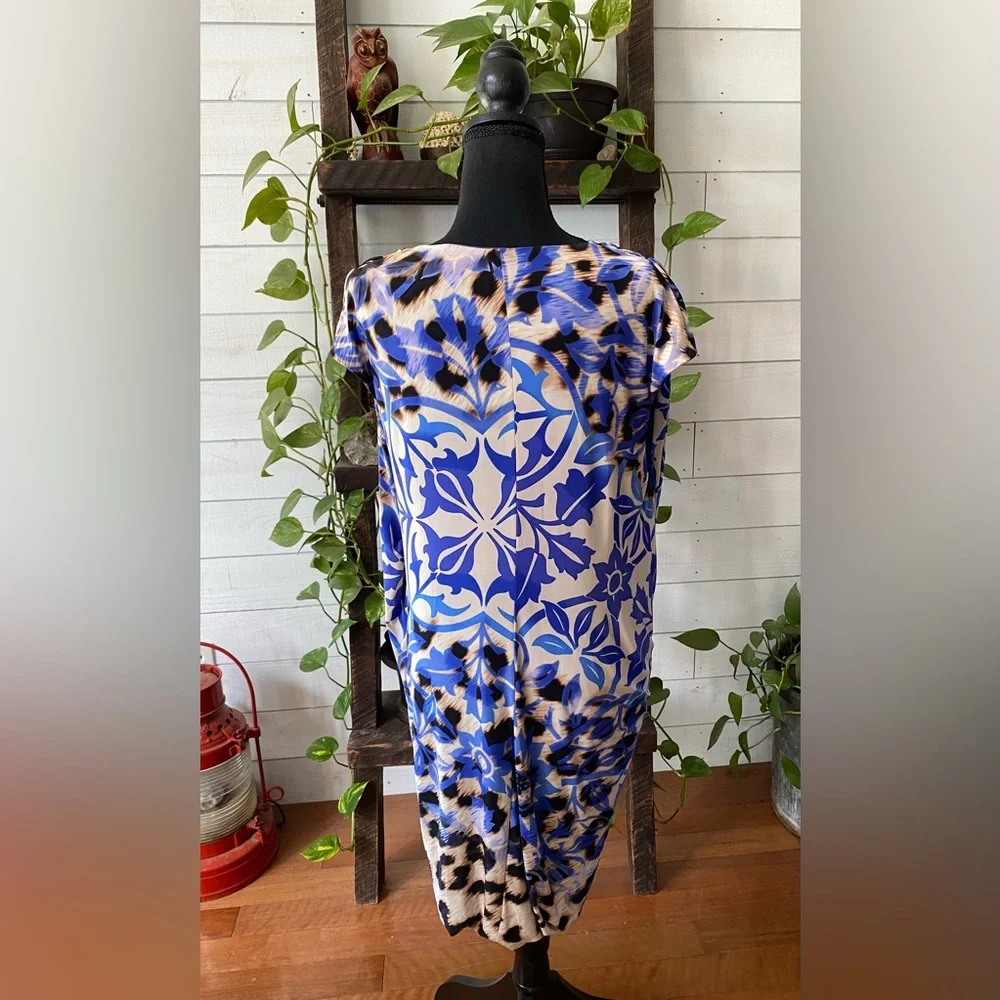 Nine West: Blue V Neck Mixed Animal and Floral Print Dress